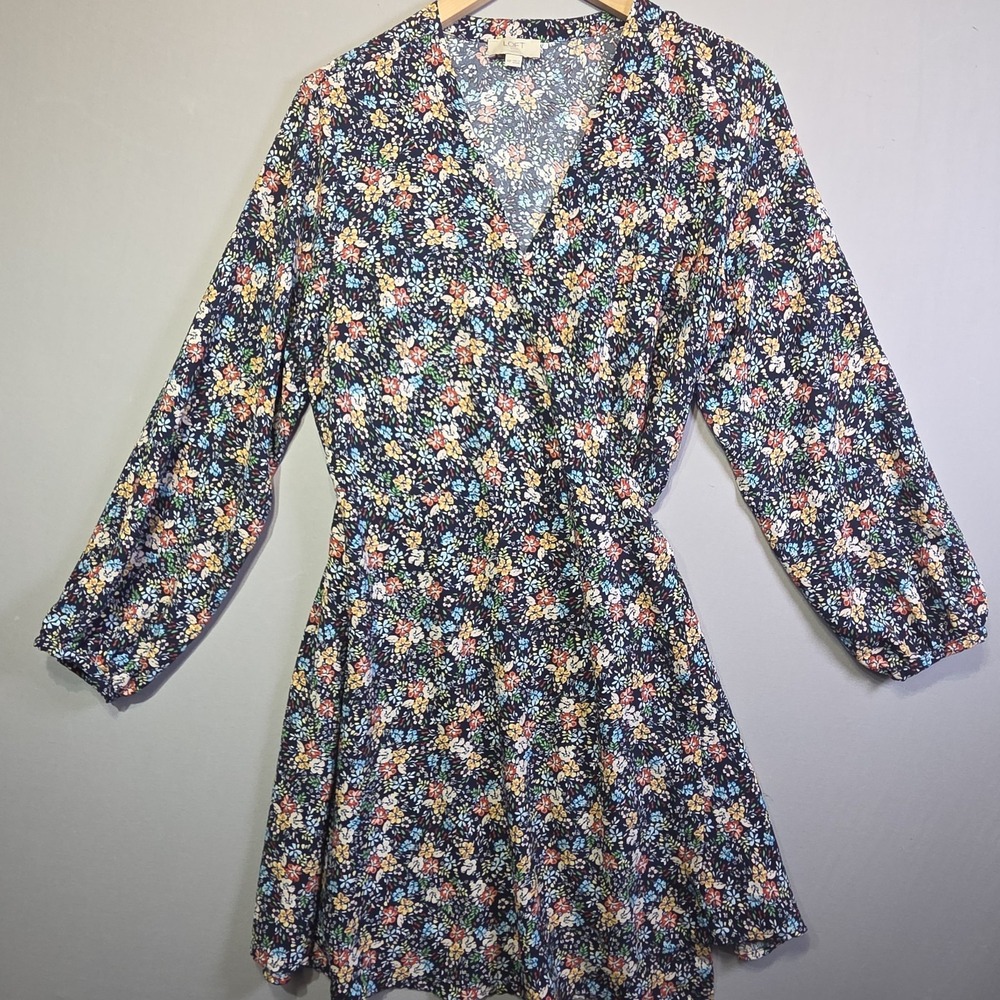 LOFT Petite Floral Wrap Dress Women's 14P Navy Long Sleeve Tie Waist Midi